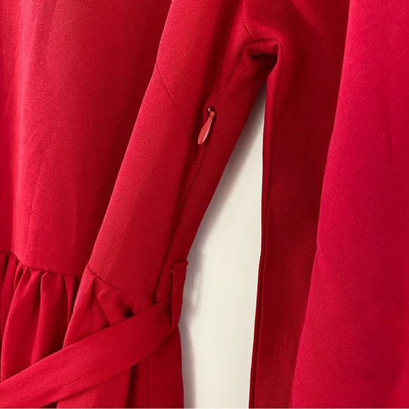 Petite Skater Mini Dress Blouson Long Sleeves Waist Tie Pleated Red 0 - Picture 6 of 16